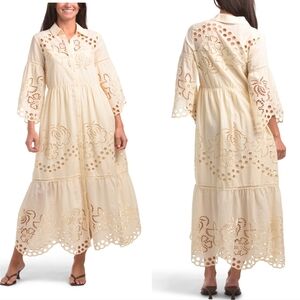 💛🔹️Solitaire🔹️ Butter Long sleeve  Laser Cut Scallop Embroidered  Maxi Dress
